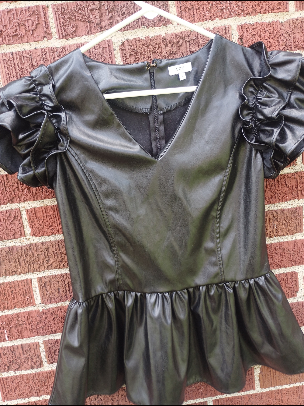 VOY V- Neck Faux Black Leather Ruffle Sleeve Peplum Top